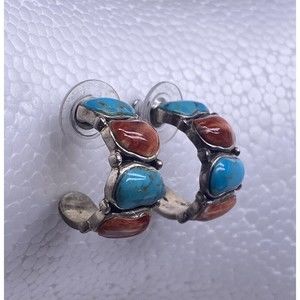 Southwest Sterling Silver Blue Turquoise & Red Stone Hoop Earrings Signed